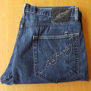 Ed Hardy 40 x 34 Embroidered Button Fly Blue Jeans by Christian Audigier